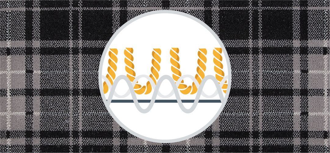 Cross section of yarns in a woven carpet on a black and white checked carpet background